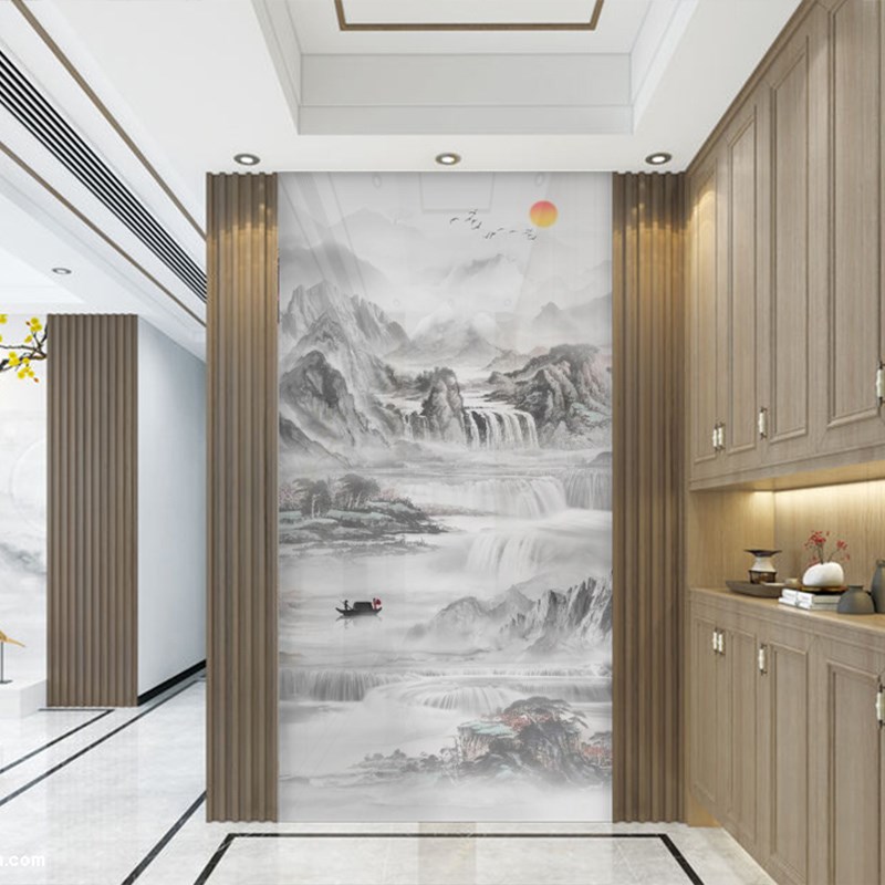 复式楼房挑高玄关别墅客厅电视背景墙壁画沙发墙布水墨山水3d墙纸