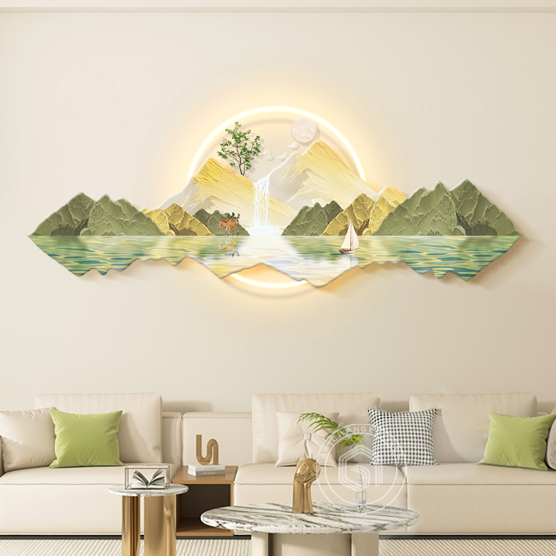 2024新款奶油风日照金山客厅装饰画led带灯三联壁沙发背景墙挂画