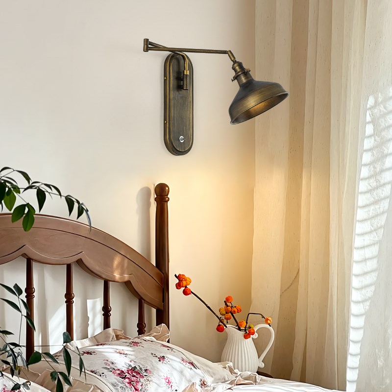 法式复古折叠壁灯客厅卧室转角可移位木质装饰画氛围感拉绳墙上灯