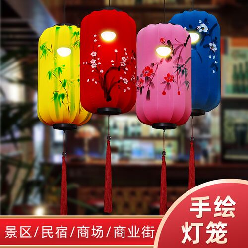 灯笼中式布艺手绘仿古典宫灯餐厅茶楼过道创意冬瓜长形布艺吊灯具
