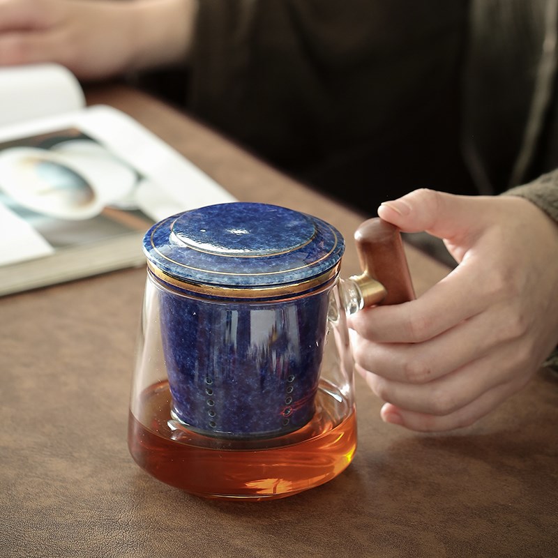 宇轩 加厚带把茶水分离玻璃杯办公室耐热绿茶过滤泡茶杯家用带盖