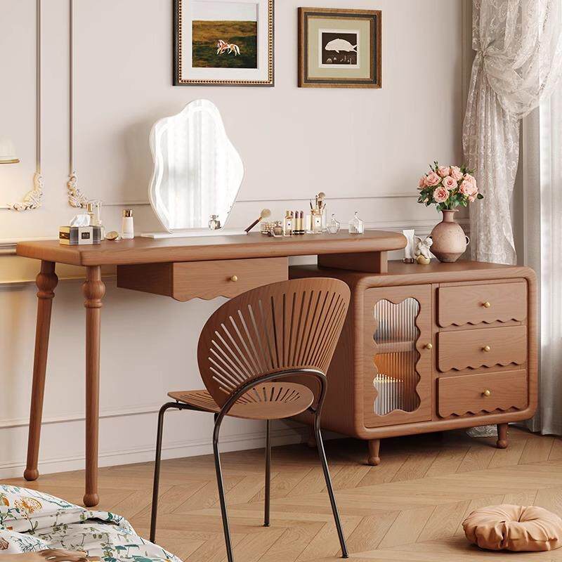 法式中古风实木梳妆台卧室简约组合可移动伸缩带妆凳妆镜化妆桌子