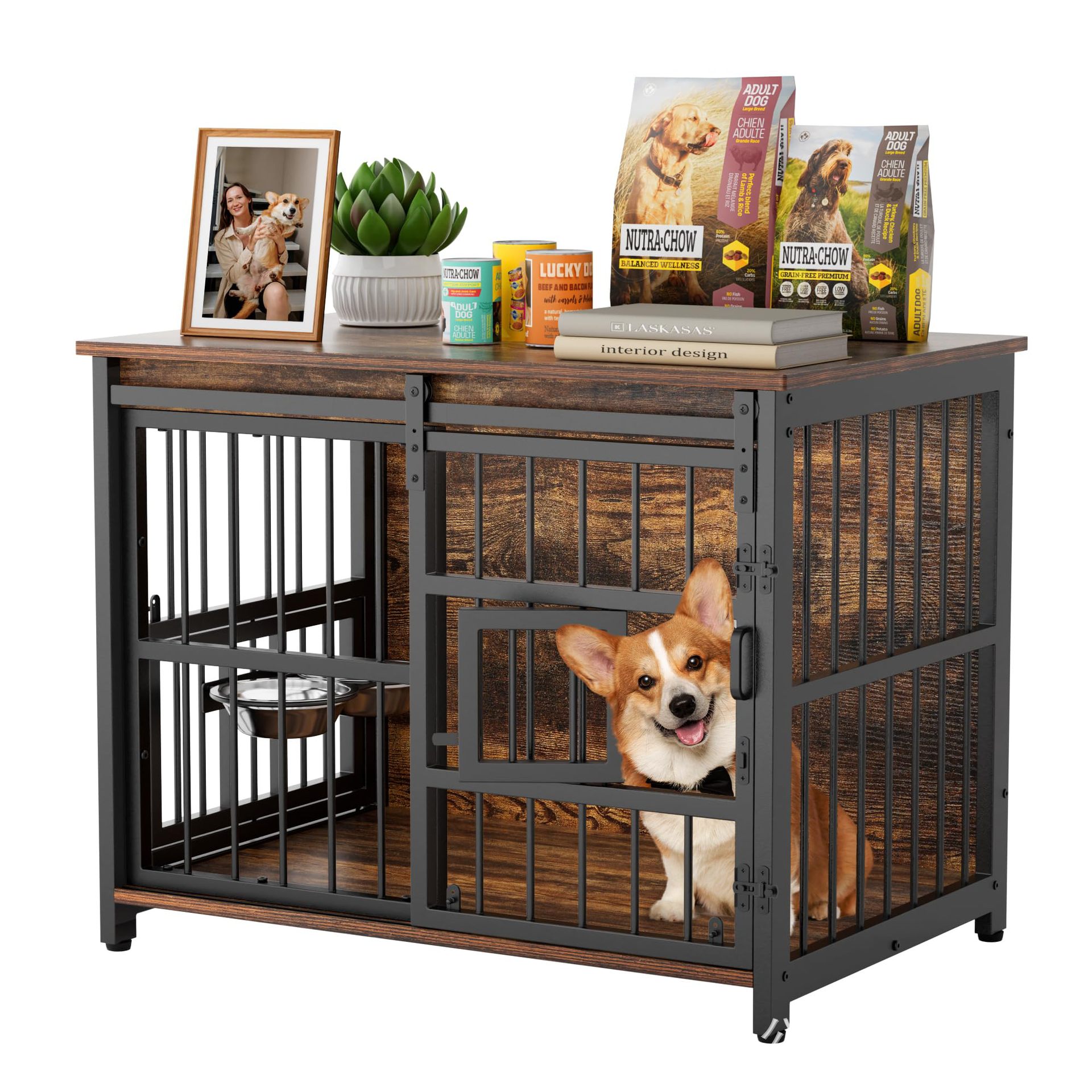 狗笼适用于中型犬32英寸重型防咬木质狗舍360°可调碗多锁滑动门