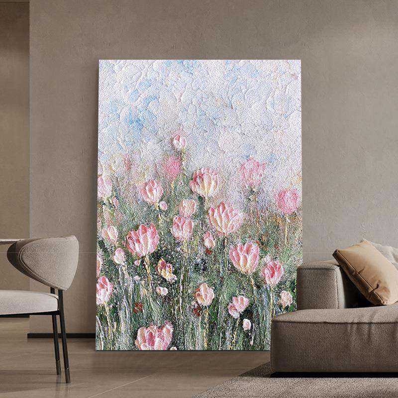 顺丰郁金香花卉玄关装饰画石英砂肌理手绘油画小清新客厅立体砂岩