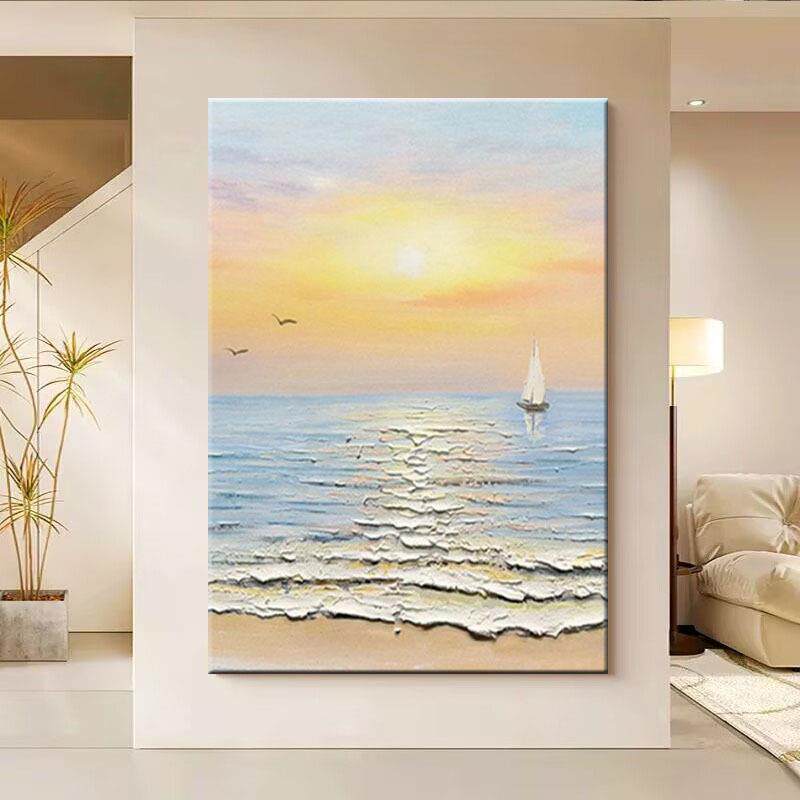 纯手绘油画奶油风客厅装饰画海浪日出立体肌理高档儿童房卧室挂画