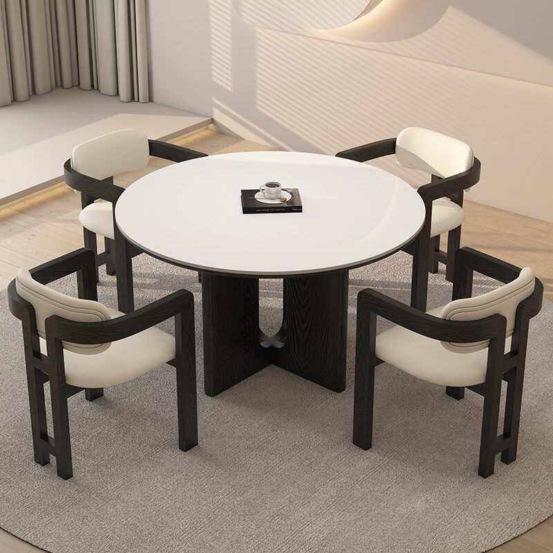 德利丰实木岩板餐桌圆桌小户型家用奶油中古风黑色圆形吃饭桌子