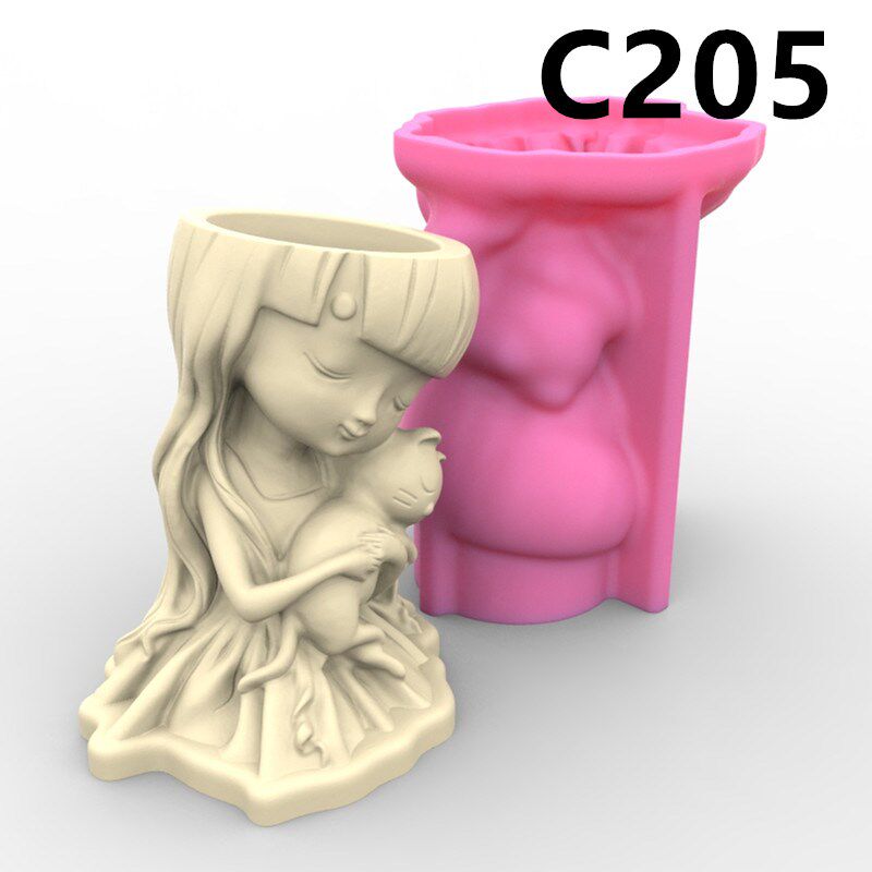DIY女孩与猫咪多肉花盆模具混凝土水泥滴胶可爱女孩花瓶模具C205