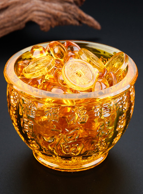 黄水晶米缸家用客厅玻璃聚宝盆桌面聚财玄关百福元宝摆件五帝钱小