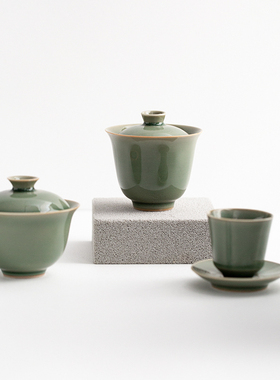 越窑青瓷盖碗二才仿古小号泡茶敬茶碗防烫功夫茶具配件手工盖碗