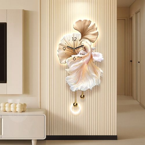 奶油风客厅电视背景墙钟表装饰画创意家用静音挂钟高级感锦鲤壁灯