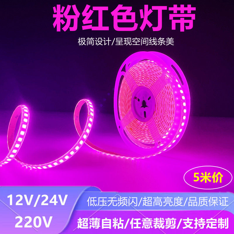 浪漫粉色12V24V粉红色灯带LED粉光紫灯条24伏瑰红色超薄贴片220V