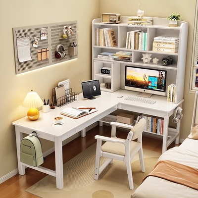 贝宅森实木转角书桌书架一体L型拐角电脑桌学生书柜组合学习桌