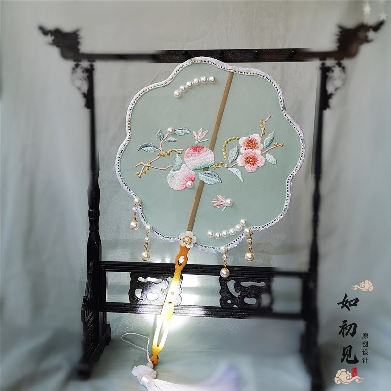 团扇古风长柄流苏舞蹈汉服刺绣双面扇子仙气拍摄国风圆扇古典宫扇