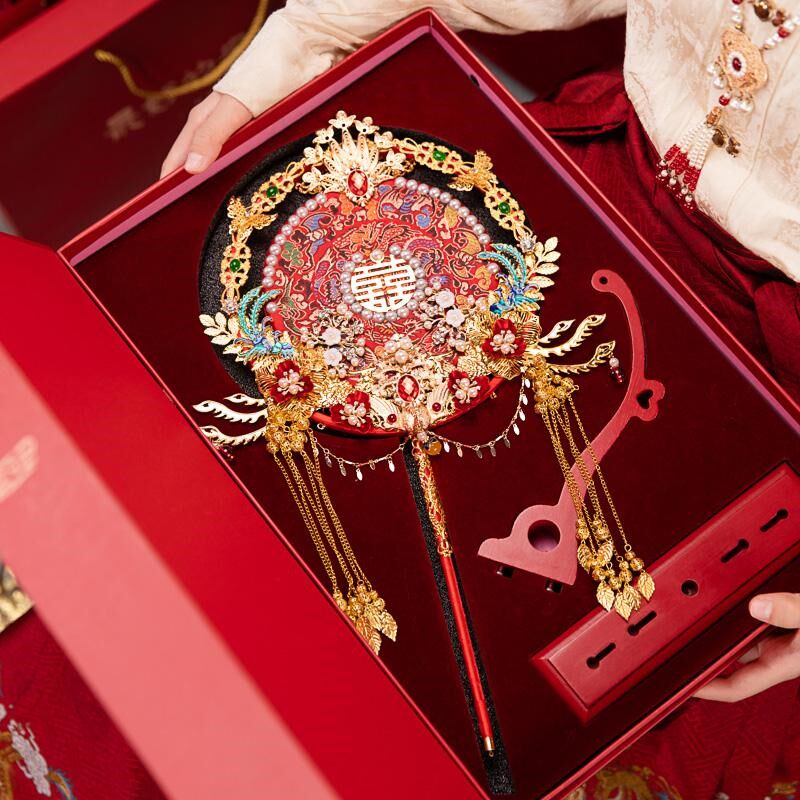 团扇中式婚礼新娘出嫁手工定制红色秀禾喜扇高级diy材料包结婚