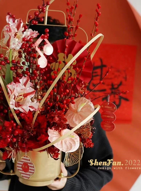 新年春节创意福桶金丝鸟笼型花瓮花器年宵花插花瓶花艺花店时尚
