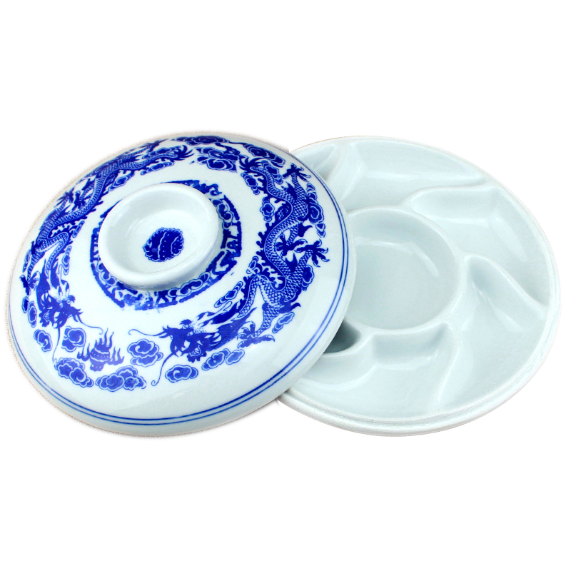 陶瓷调色盘带盖书法墨汁国画颜料盒仿古青花龙纹大号8寸7格梅花盘