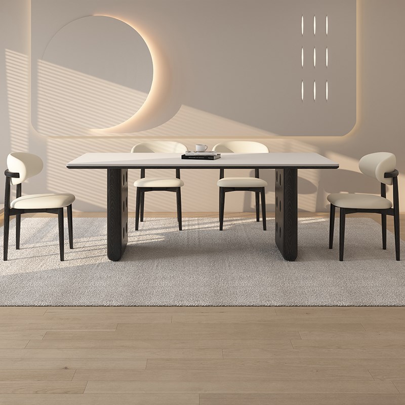 德利丰实木岩板餐桌家用黑色长方形法式奶油中古风高端全托饭桌子