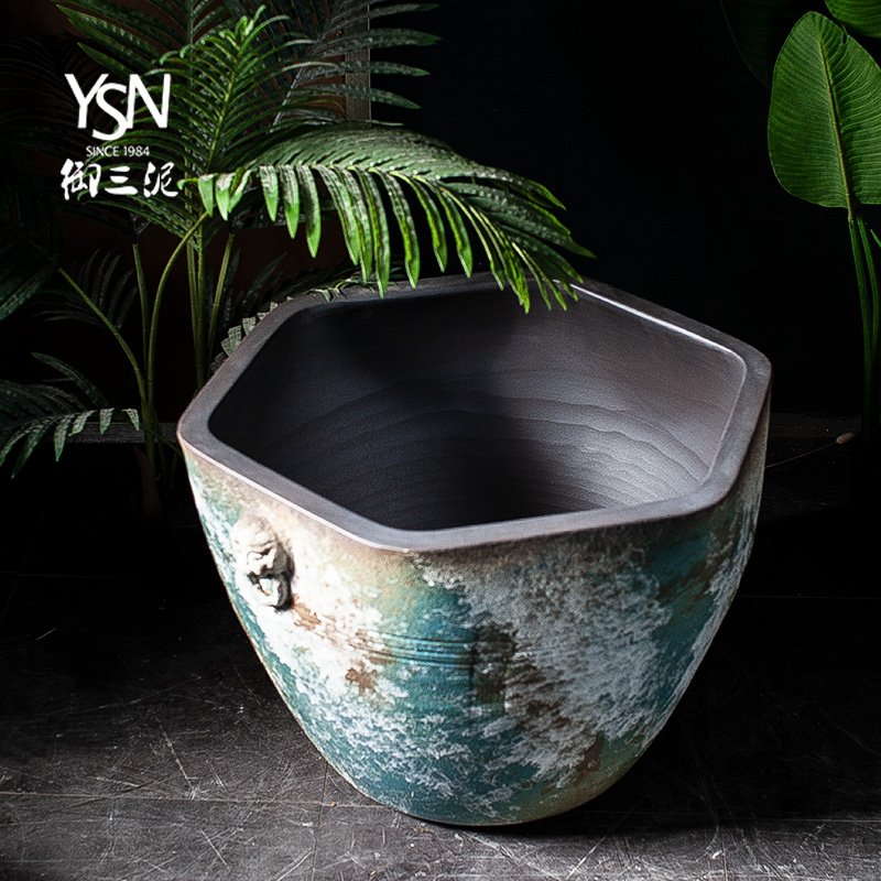 粗陶手工流水水景盆复古陶瓷仿古大缸浮世绘鱼缸落地摆件庭院园林