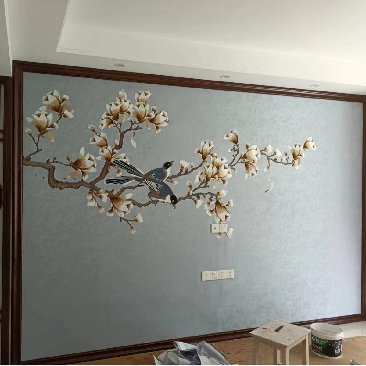 独绣刺绣花鸟墙布背景客厅沙发卧室无缝壁布玉兰新中式壁画新款