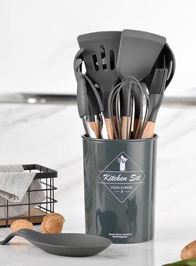 深灰色木柄硅胶厨具套装12件套装勺托kitchenware kitchen set