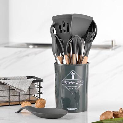 深灰色木柄硅胶厨具套装12件套装勺托kitchenware kitchen set