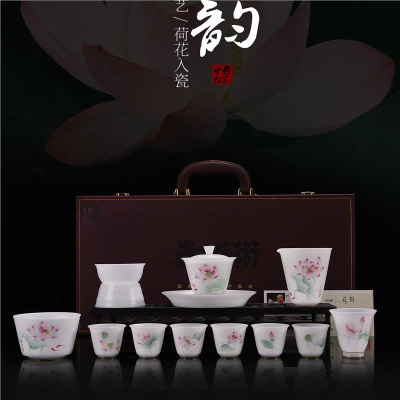 瓷语颠 冰种玉瓷素烧薄胎茶具套装中式茶杯手绘荷花盖碗高档轻奢