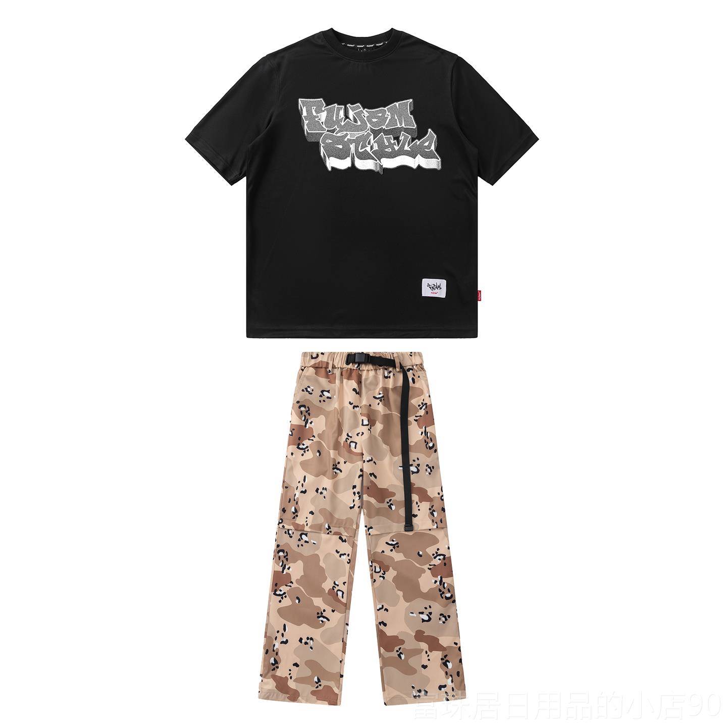 高档FUJAM潮童装衣儿街舞演出服童美牌式印花短袖工装迷彩裤跳舞