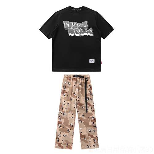 高档FUJAM潮童装衣儿街舞演出服童美牌式印花短袖工装迷彩裤跳舞