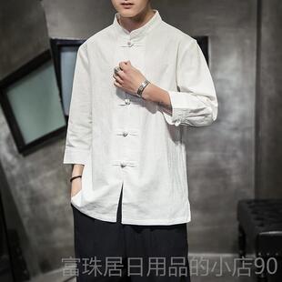 高档装男款春季中中式七国分袖衬衫中风老年男老唐头练功服禅服居