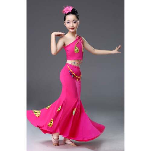 高档蹈新款儿童傣族舞服装孔雀舞出服女演童表演服装鱼裙练习尾裙