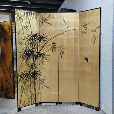 高档中式手绘金箔竹子屏风漆画 画隔断客挡卧室厅简约代折叠移动