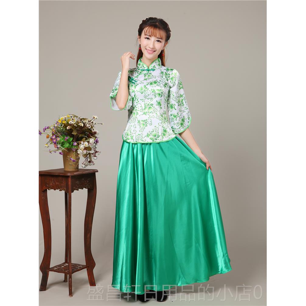 高档中国风青花瓷红色大 连身礼服 演女装古典民乐古筝出服广场舞