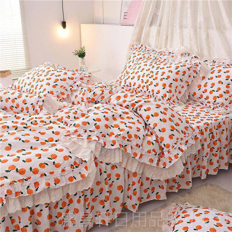 高档古洗棉四件套碎花公主风蕾丝花边田园复全棉棉纯床裙式水床上