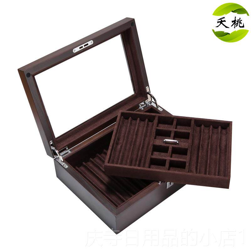 高档夭桃（品）俄罗斯饰榆木纯签实木字钢笔盒项链手袖扣首饰收纳