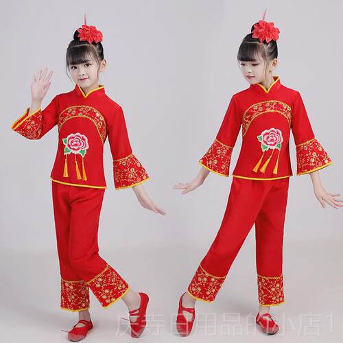 高档儿童说唱中国红演服服男女童出喜庆开门红歌幼儿打秧鼓服表演