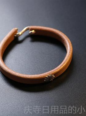 高档一休桥吾郎进口日本枥鞍革植鞣革295纯银钩皮手高环木手镯