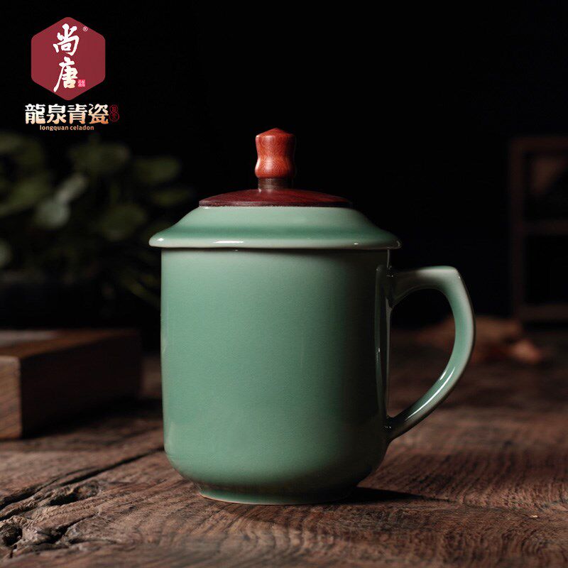 青瓷手工泡茶杯办公室大号水杯龙泉精品礼品大茶杯陶瓷带盖个人杯