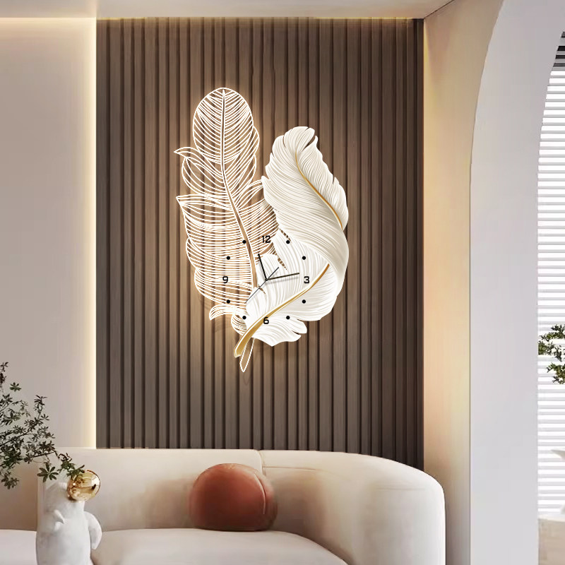沙发背景墙格栅壁灯画客厅羽毛钟表装饰画餐厅创意时钟发光挂画