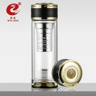 卧龙双层玻璃杯茶水分离水杯男办公泡茶杯加厚耐热杯子刻印字2418
