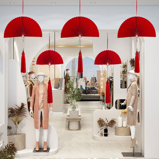 红金色纸半扇子商场橱窗装饰布置龙新年会春店铺吊饰中式春节国潮