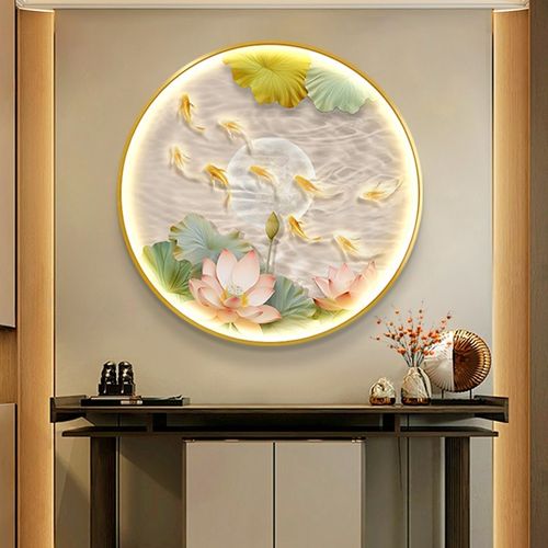 现代简约发光九鱼图玄关装饰画客厅灯光挂画荷花走廊过道餐厅壁画