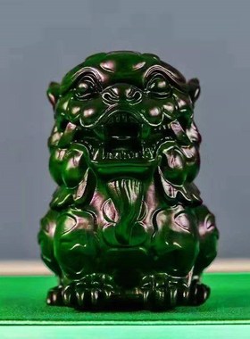 绿色实木麒麟雕刻摆件家居客厅办公室玄关装饰工艺品开业工艺送礼