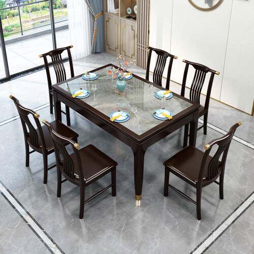 新中式实木餐桌椅组合现代简约岩板小户型长方形家用4/6人吃饭桌