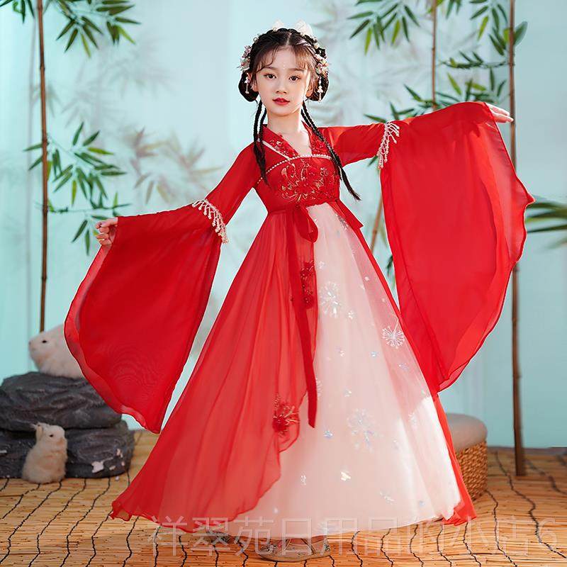 高档儿童红色古装服女童秋汉装2冬024新秋款古风国风夏季古筝演出