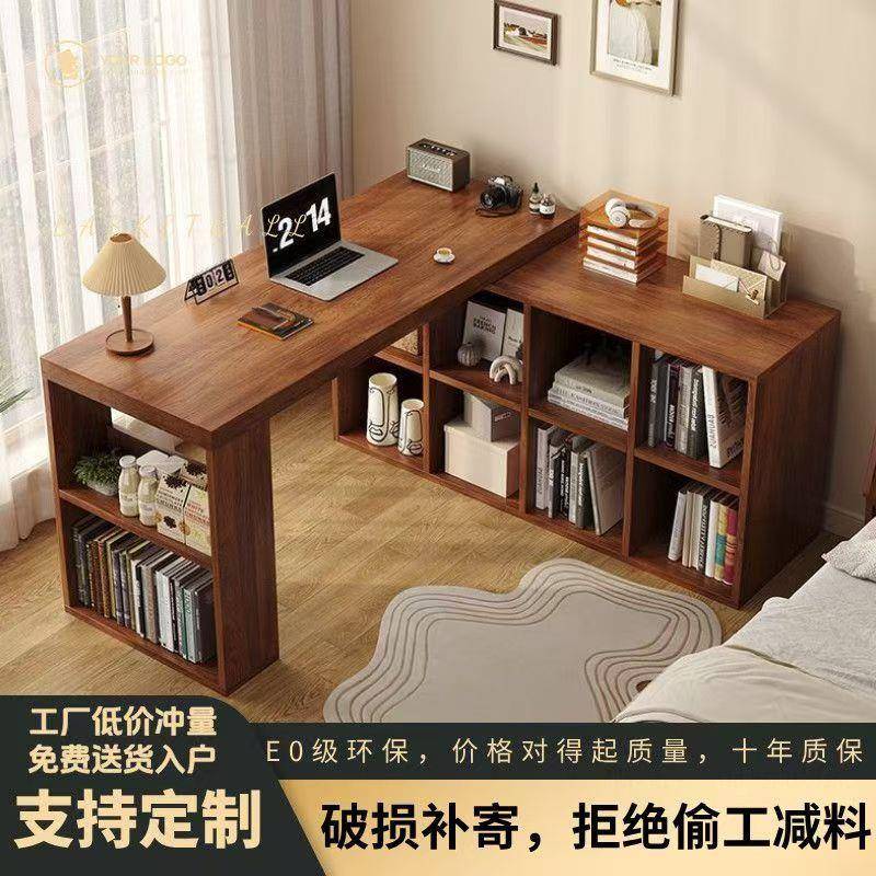 实木中古风转角办公桌女生卧室电脑桌书桌柜一体拐角工作台书桌子