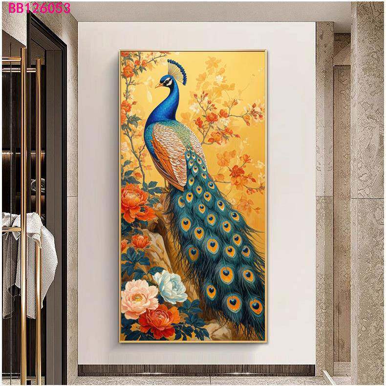 孔雀玄关装饰画牡丹富贵花开新中式挂画酒店走廊过道壁画客厅墙画