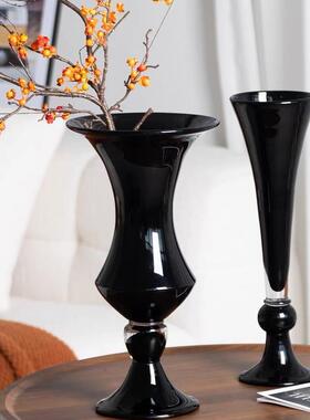 中古复古风灯黑色琉璃高脚花瓶玻璃花器简约装饰样板间插花摆件