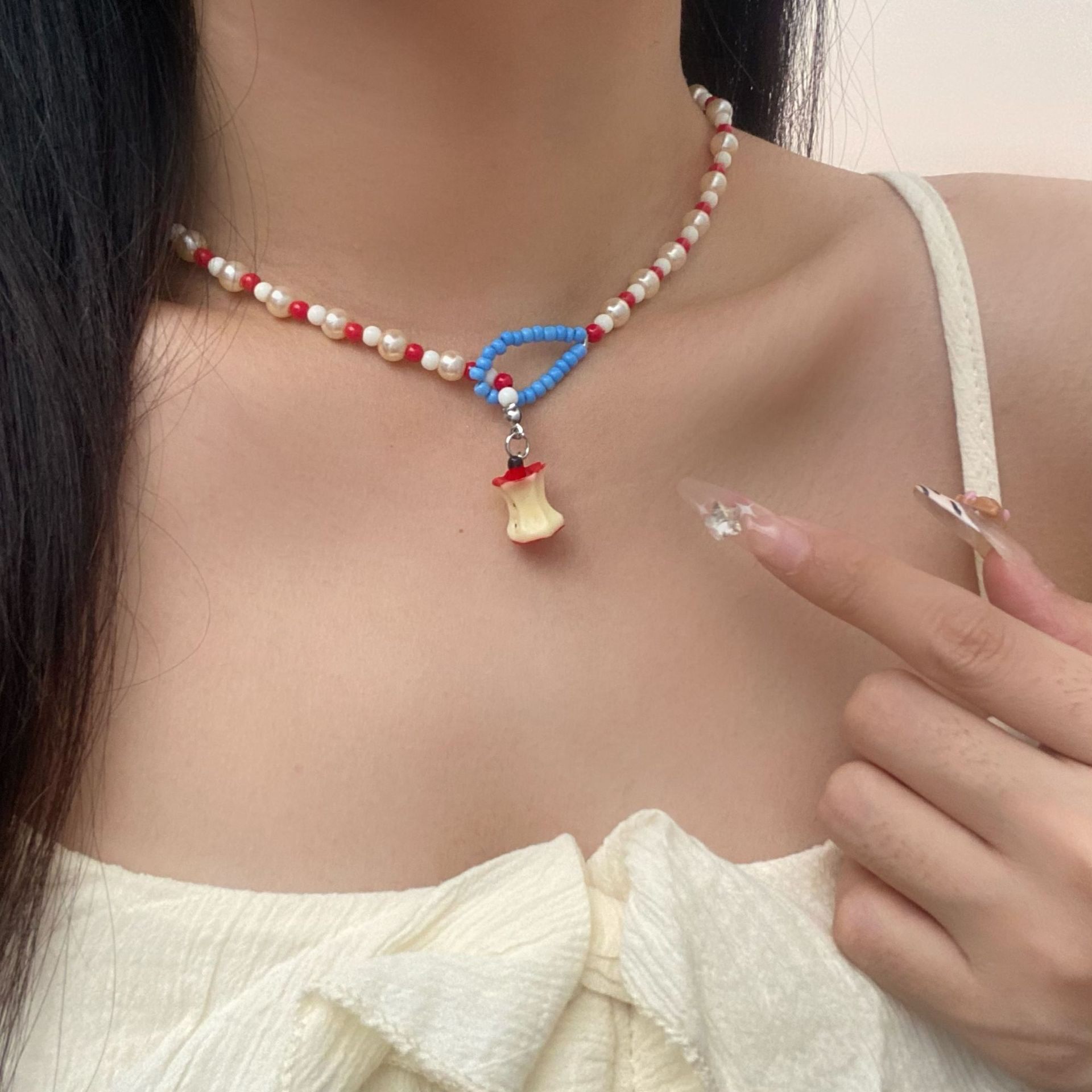 创意苹果核吊坠珍珠项链女小众