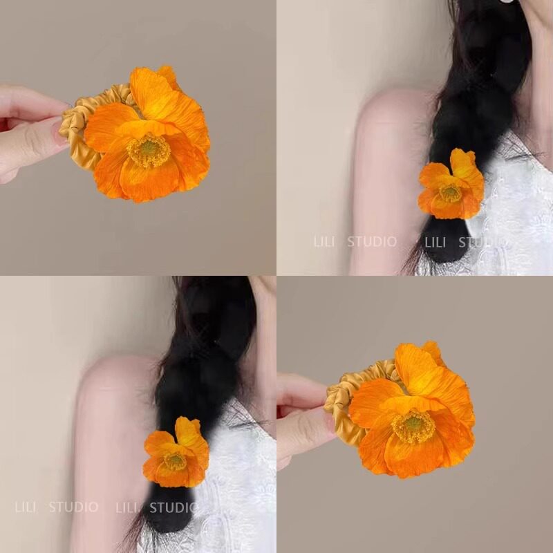 橘色虞美人发圈高级感仿真干枯