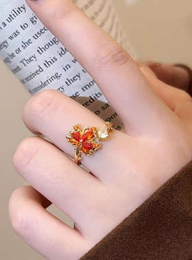 法式红色枫叶锆石开口戒指女气质